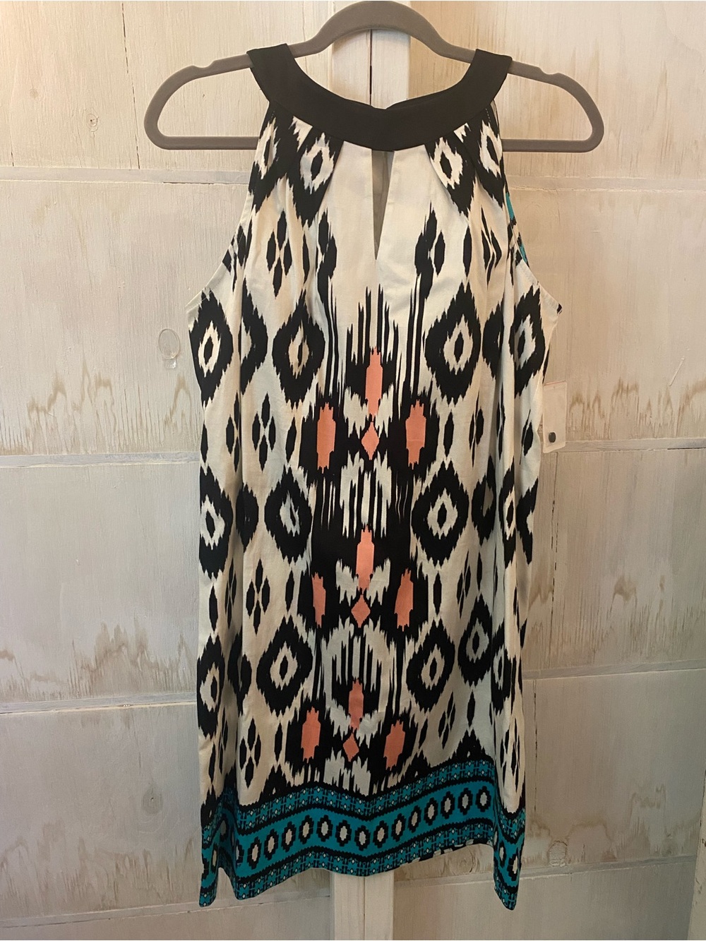 Maggy London Black, White, Coral & Turquoise Sleeveless Midi Dress